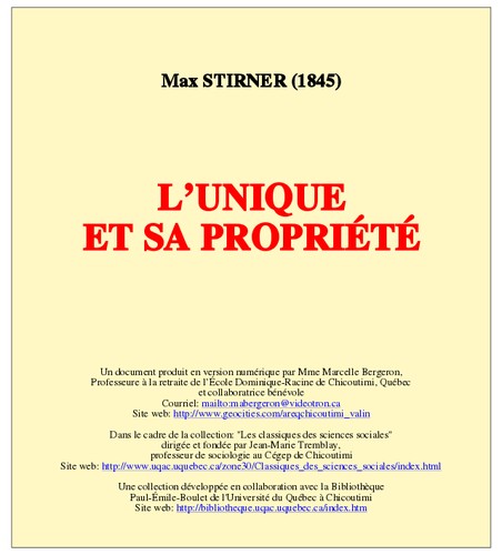 Max Stirner: L' unique Et Sa Propriété (French language, 2002, Bibliothèque Paul-Émile-Boulet de l'Université du Québec à Chicoutimi)